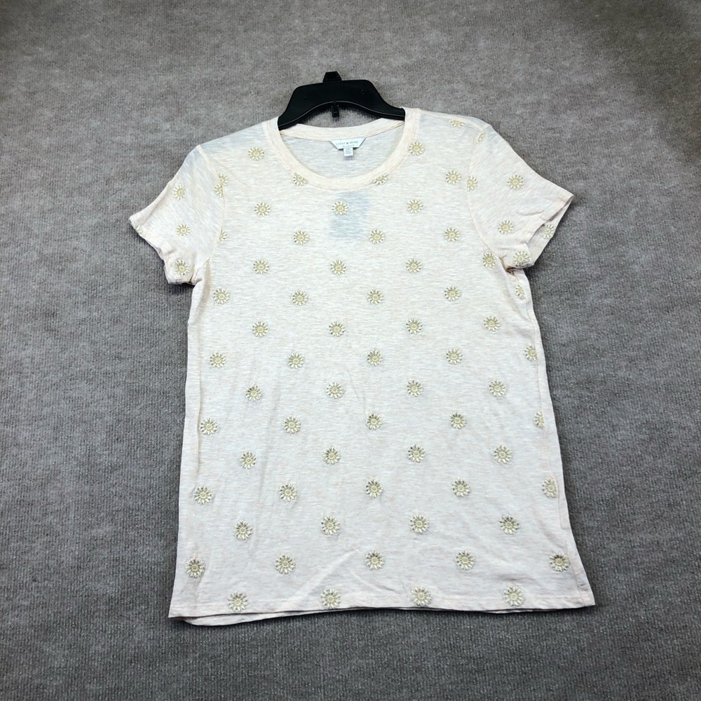 NWT Lucky Brand Short Sleeve Tan with Embodied Flowers Size Small